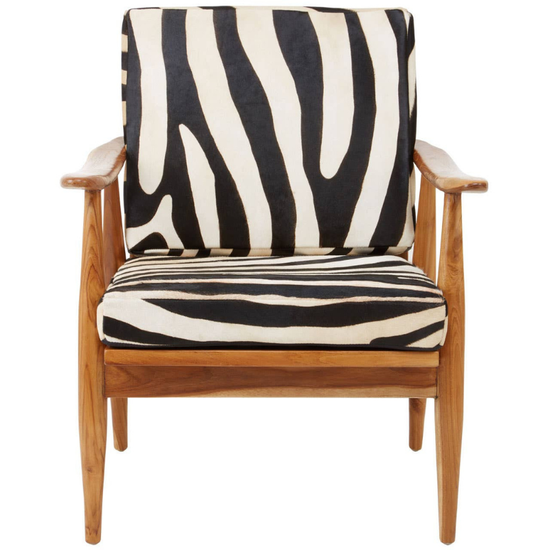 Kendari Leather Zebra Pattern and Teak Chair – Bold Artisan Style with Natural Warmth