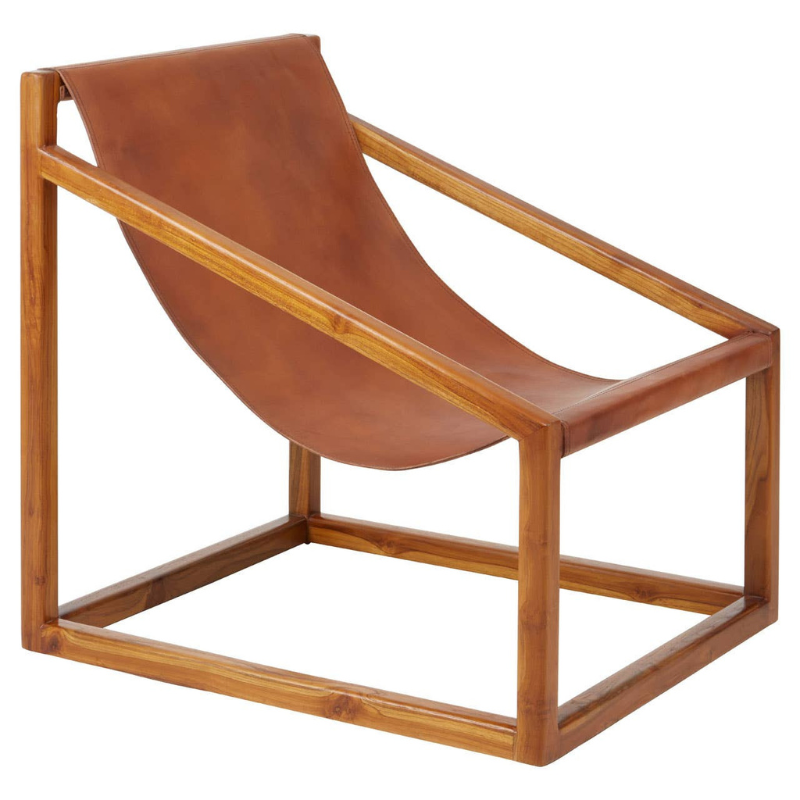 Kendari Brown Leather and Teak Wood Sling Chair – Natural Luxury with Timeless Craftsmanship