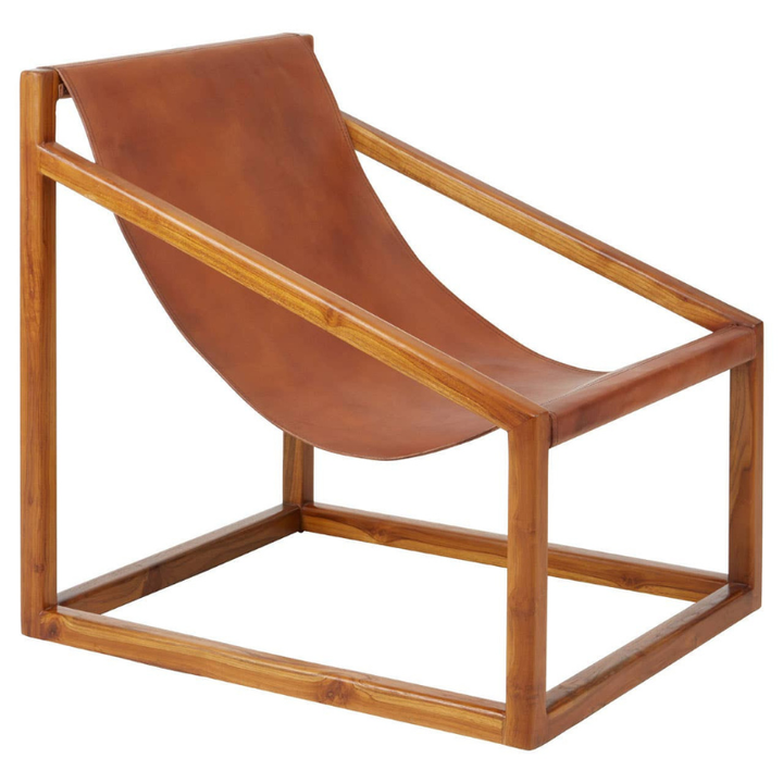 Kendari Brown Leather and Teak Wood Sling Chair – Natural Luxury with Timeless Craftsmanship