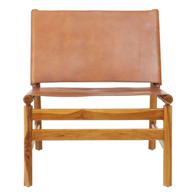 Kendari Teak Wood and Brown Leather Chair – Classic Elegance with Comfortable Seating