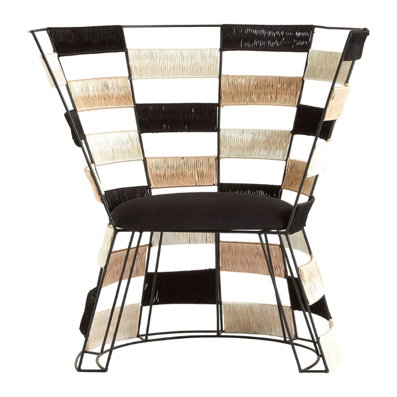 Fusion Beige, Black & White Woven Chair – Textured Artisan Design with Modern Boho Appeal