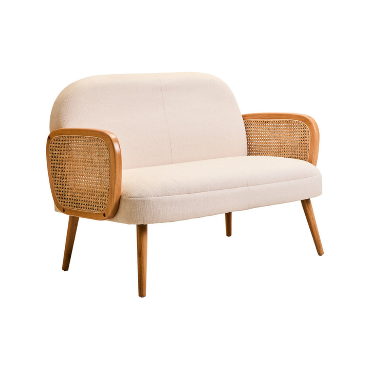 Cebu Ivory Fabric and Cane 2 Seat Sofa with Elm Wood Legs – Natural Elegance with Modern Comfort