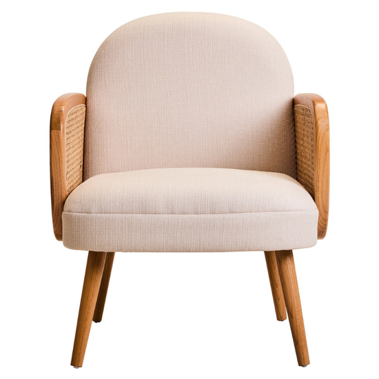 Cebu Ivory Fabric and Cane Chair with Elm Wood Legs – Natural Elegance with Soft Modern Comfort