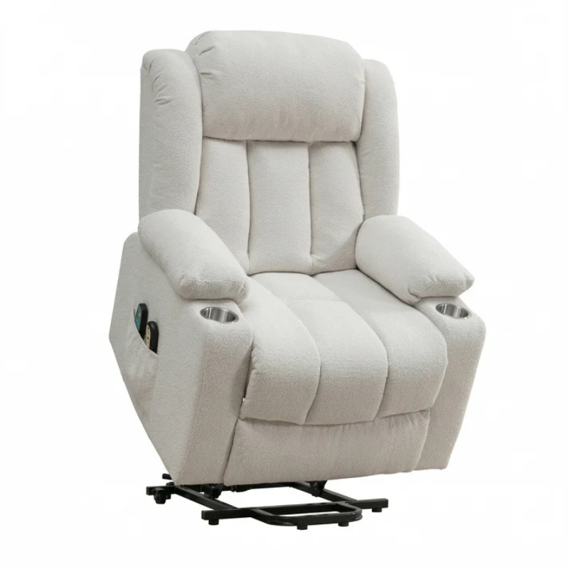 Oxford Cream Dual Motor Lift Assist Riser Recliner Chair with Massage & Heat – Bouclé Fabric Armchair