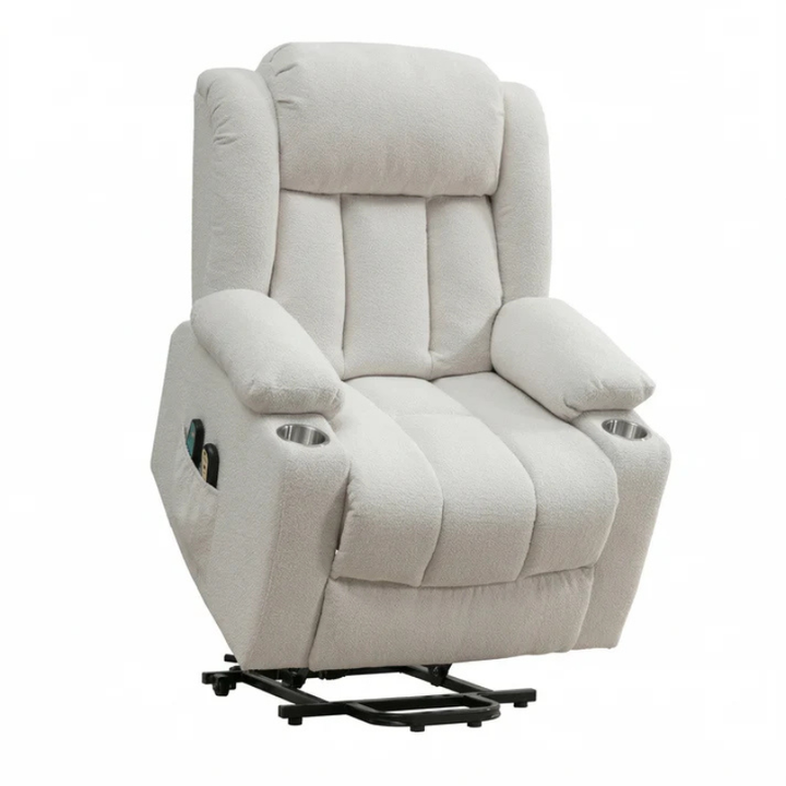 Oxford Cream Dual Motor Lift Assist Riser Recliner Chair with Massage & Heat – Bouclé Fabric Armchair