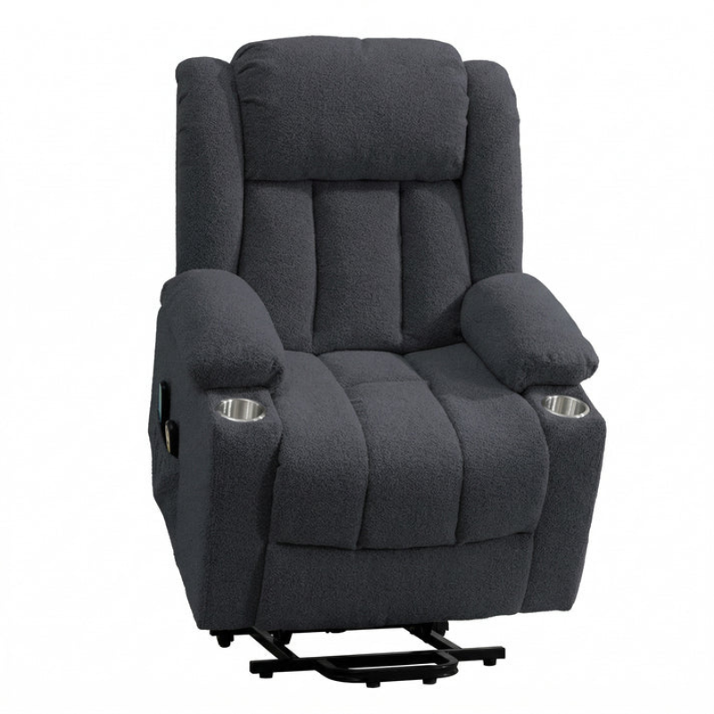 Oxford Dark Grey Dual Motor Lift Assist Riser Recliner Chair with Massage & Heat – Bouclé Fabric Armchair