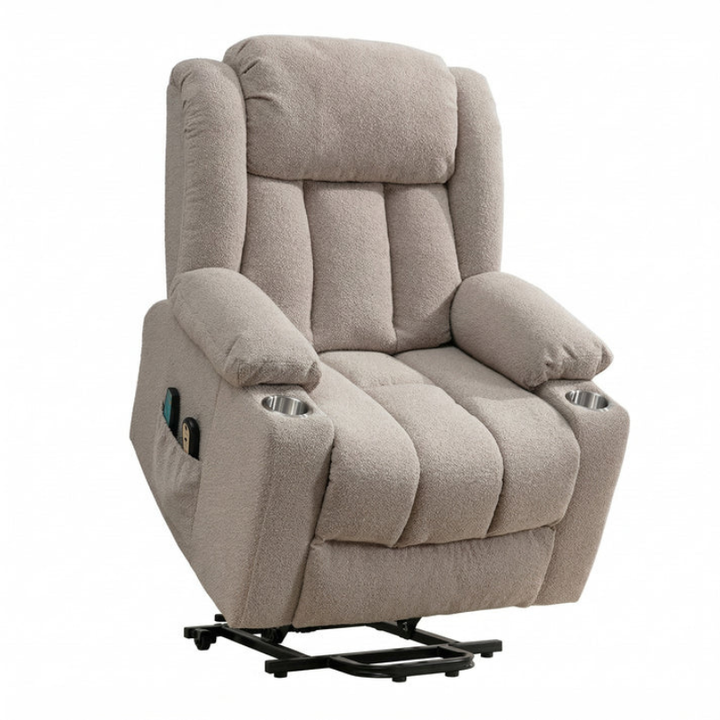 Oxford Light Brown Dual Motor Lift Assist Riser Recliner Chair with Massage & Heat – Bouclé Fabric Armchair