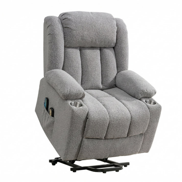Oxford Light Grey Dual Motor Lift Assist Riser Recliner Chair with Massage & Heat – Bouclé Fabric Armchair