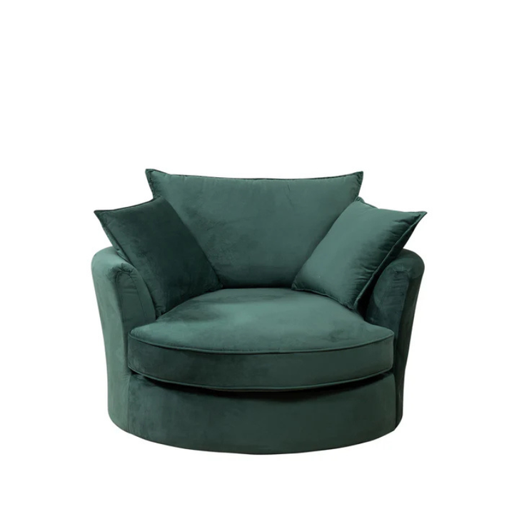 Green Velvet Swivel Cuddle Chair – Large Round Snuggle Chair, Soft Lounge Seat