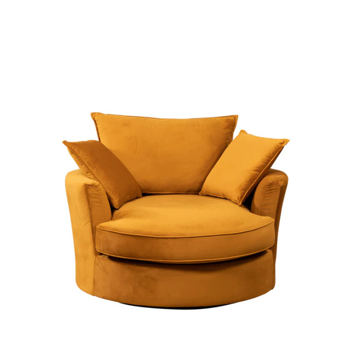 Orange Velvet Swivel Cuddle Chair – Large Round Snuggle Chair, Soft Lounge Seat
