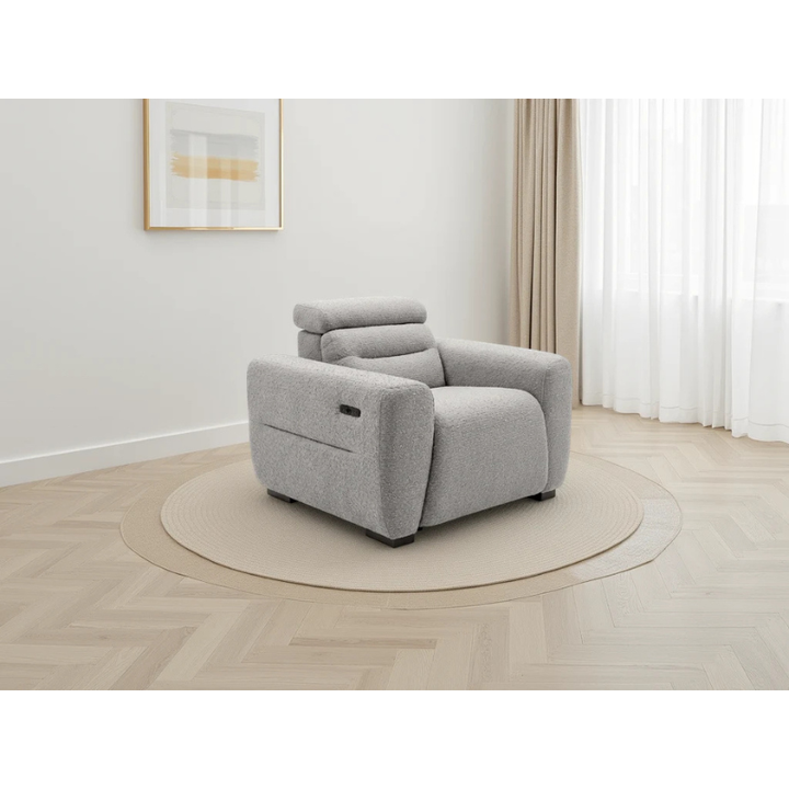 Tokyo Grey Electric Recliner Armchair – Bouclé Fabric Chair with USB & Adjustable Headrest