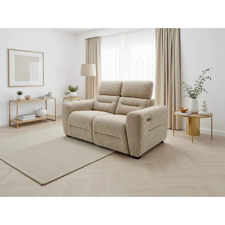 Tokyo Beige Electric Recliner Sofa 2 Seater – Bouclé Fabric Reclining Sofa with USB & Adjustable Headrests