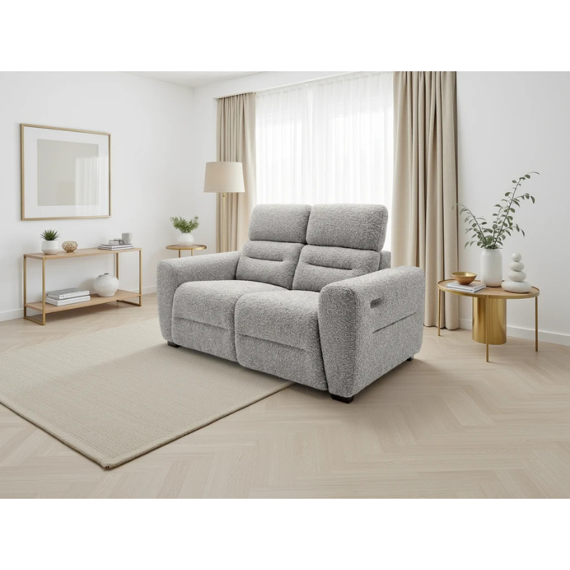 Tokyo Grey Electric Recliner Sofa 2 Seater – Bouclé Fabric Reclining Sofa with USB & Adjustable Headrests