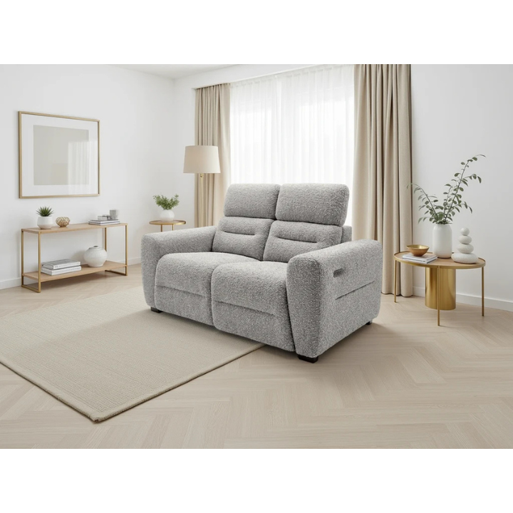 Tokyo Grey Electric Recliner Sofa 2 Seater – Bouclé Fabric Reclining Sofa with USB & Adjustable Headrests