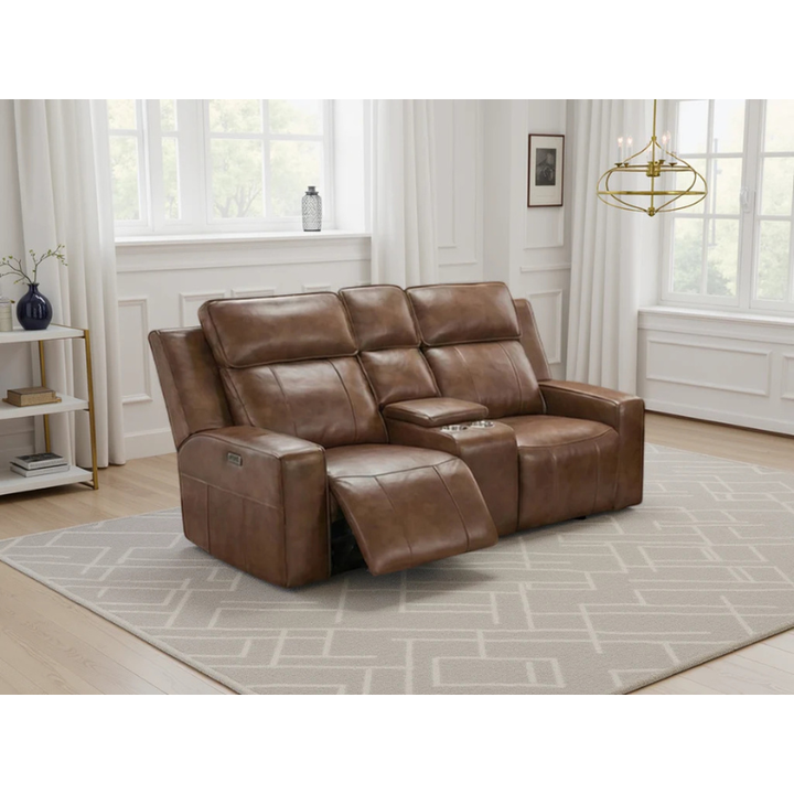 Barcelona Brown Electric Recliner Sofa 2 Seater – Leather Reclining Sofa with Console & Cupholders