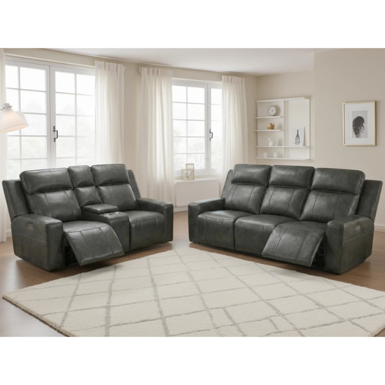 Barcelona Grey Electric Recliner Sofa Set 3+2 – Leather Reclining Sofas with Console, Cupholders & Drop Down Tray