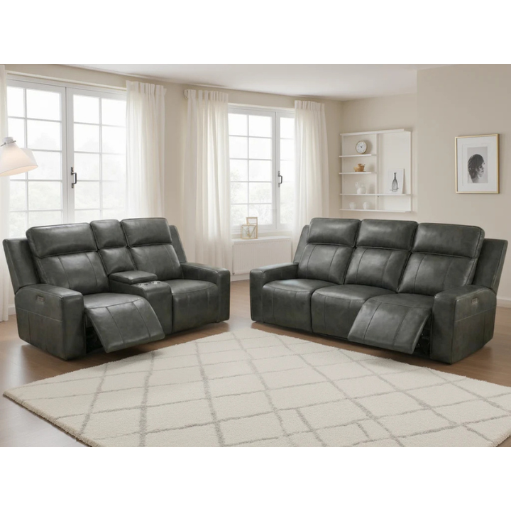 Barcelona Grey Electric Recliner Sofa Set 3+2 – Leather Reclining Sofas with Console, Cupholders & Drop Down Tray