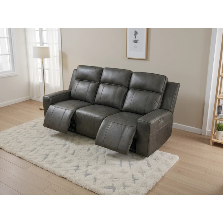 Barcelona Grey Electric Recliner Sofa 3 Seater – Leather Reclining Sofa with Drop Down Tray