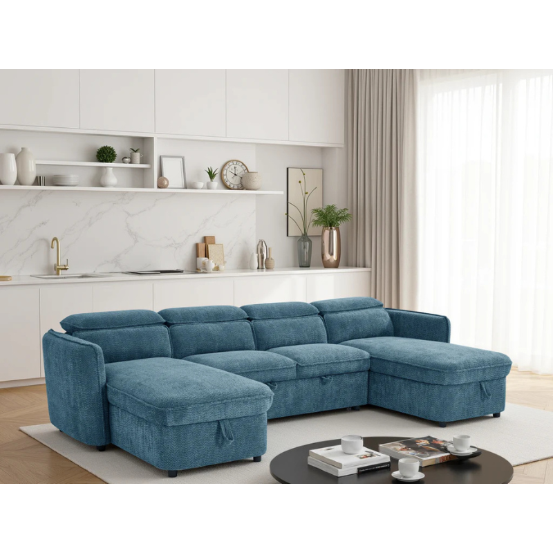 Capri Blue U Shape Sofa Bed – Large Corner Sofa with Storage & Adjustable Headrests