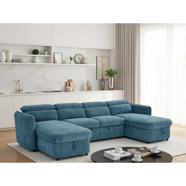 Capri Blue U Shape Sofa Bed – Large Corner Sofa with Storage & Adjustable Headrests