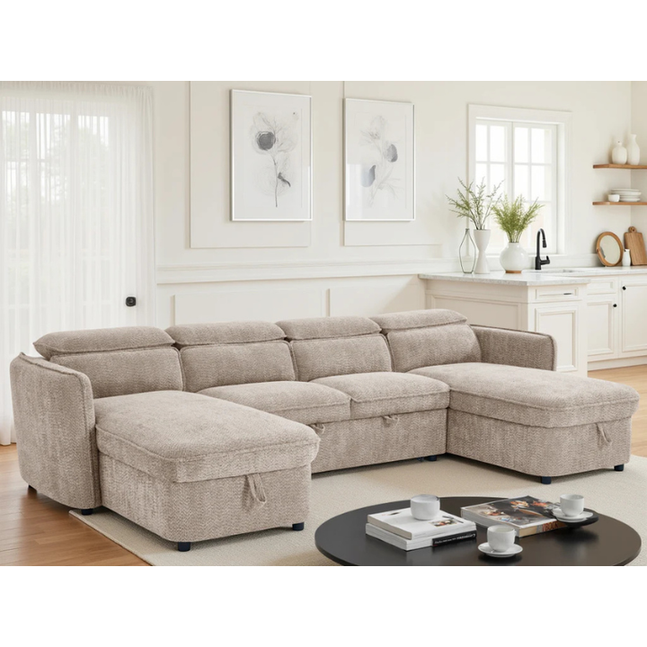Capri Beige U Shape Sofa Bed – Large Corner Sofa with Storage & Adjustable Headrests