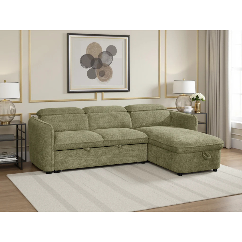 Capri Green Corner Sofa Bed – Universal Fabric Sofa with Storage, Adjustable Headrests & Pull Out Bed