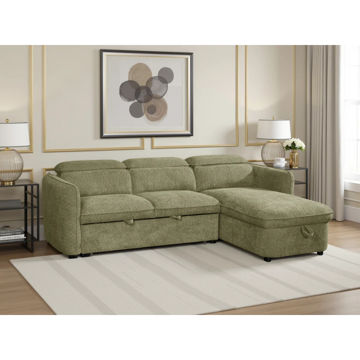 Capri Green Corner Sofa Bed – Universal Fabric Sofa with Storage, Adjustable Headrests & Pull Out Bed
