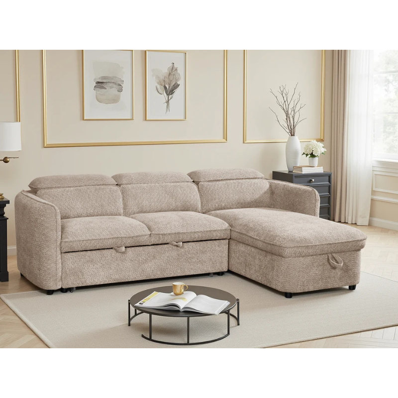 Capri Beige Corner Sofa Bed – Universal Fabric Sofa with Storage, Adjustable Headrests & Pull Out Bed