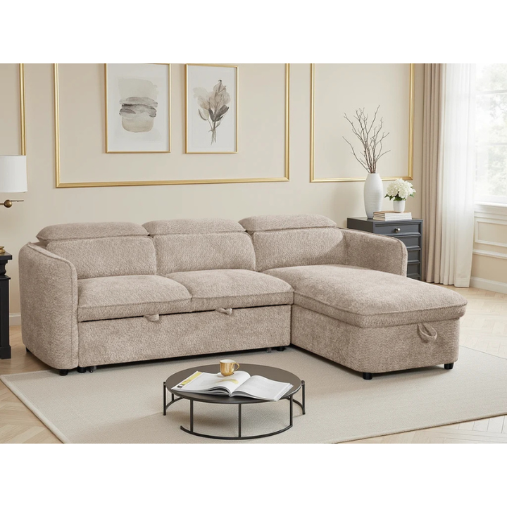 Capri Beige Corner Sofa Bed – Universal Fabric Sofa with Storage, Adjustable Headrests & Pull Out Bed