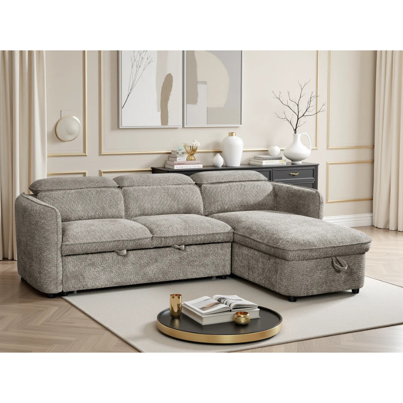 Capri Grey Corner Sofa Bed – Universal Fabric Sofa with Storage, Adjustable Headrests & Pull Out Bed