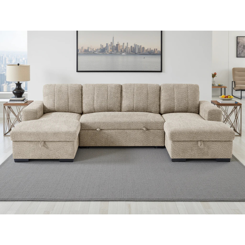 Como Beige U Shape Sofa Bed – Large Corner Sofa with Storage, Pull Out Bed & Chaise