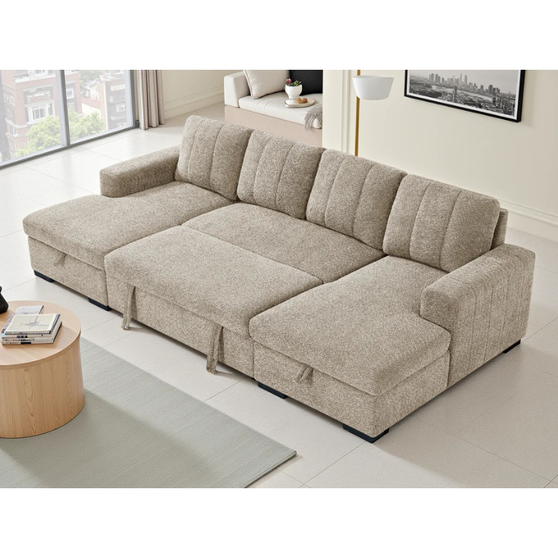 Como Beige U Shape Sofa Bed – Large Corner Sofa with Storage, Pull Out Bed & Chaise