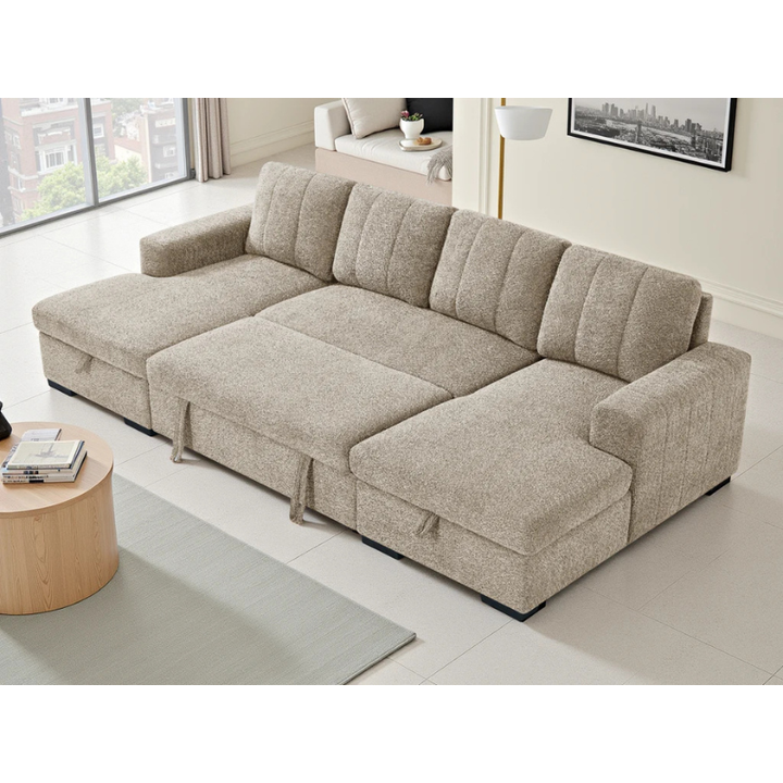Como Beige U Shape Sofa Bed – Large Corner Sofa with Storage, Pull Out Bed & Chaise