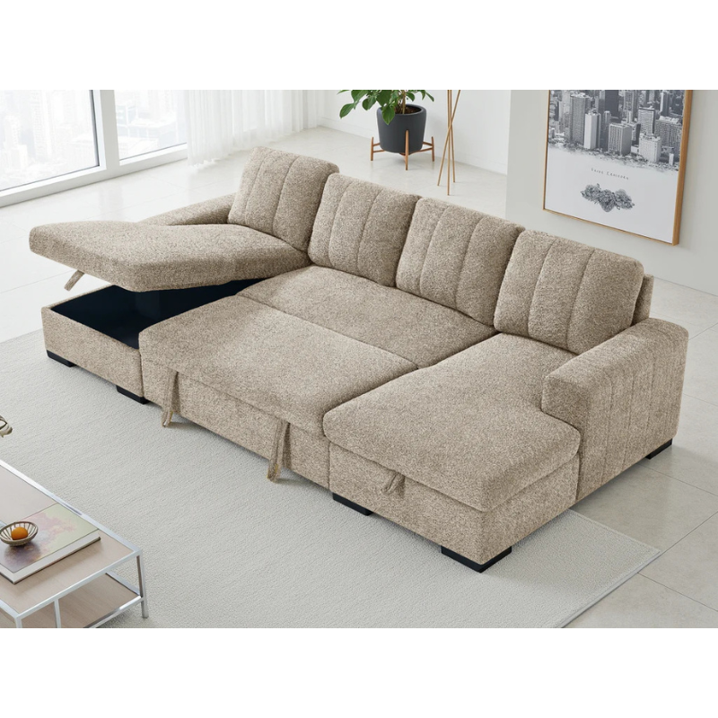 Como Beige U Shape Sofa Bed – Large Corner Sofa with Storage, Pull Out Bed & Chaise