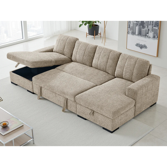 Como Beige U Shape Sofa Bed – Large Corner Sofa with Storage, Pull Out Bed & Chaise