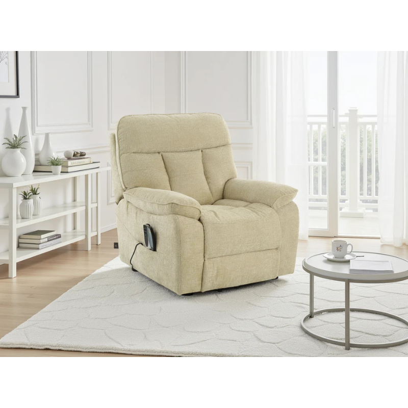 Cornwall Beige Rise & Recline Massage Chair – Electric Recliner with Heat, Fabric Armchair