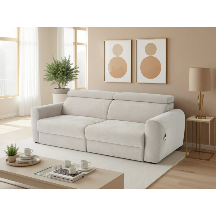 Dakota Beige Electric Recliner Sofa Bed 3 Seater – Fabric Pull Out Bed with Adjustable Headrests