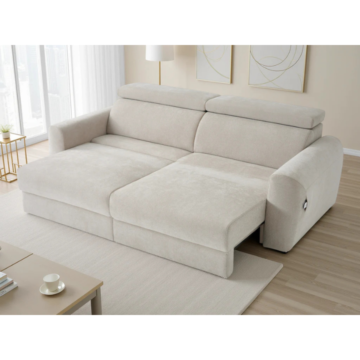 Dakota Beige Electric Recliner Sofa Bed 3 Seater – Fabric Pull Out Bed with Adjustable Headrests