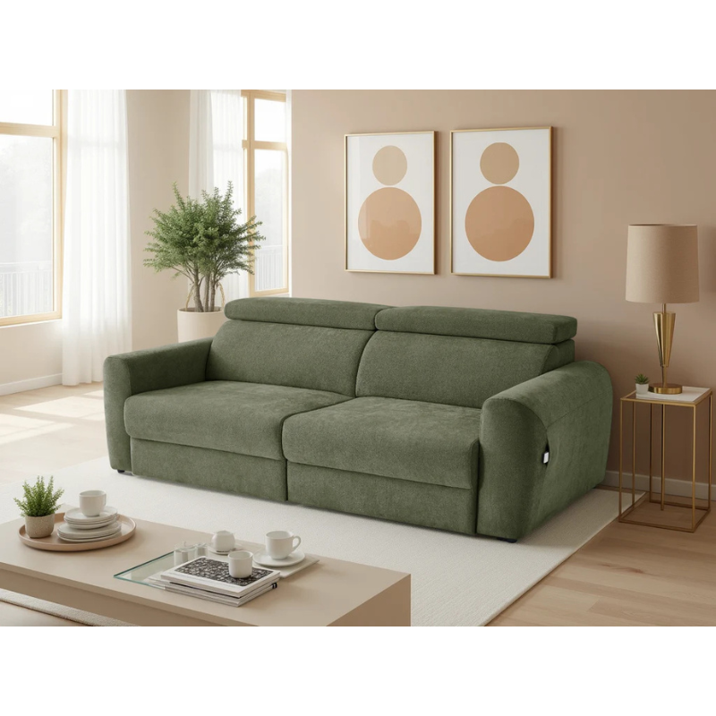 Dakota Green Electric Recliner Sofa Bed 3 Seater – Fabric Pull Out Bed with Adjustable Headrests