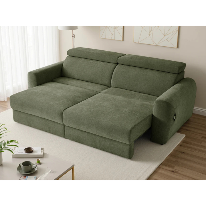 Dakota Green Electric Recliner Sofa Bed 3 Seater – Fabric Pull Out Bed with Adjustable Headrests