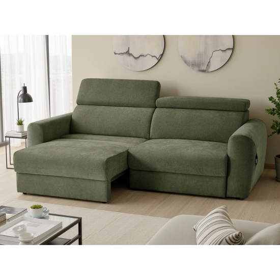 Dakota Green Electric Recliner Sofa Bed 3 Seater – Fabric Pull Out Bed with Adjustable Headrests