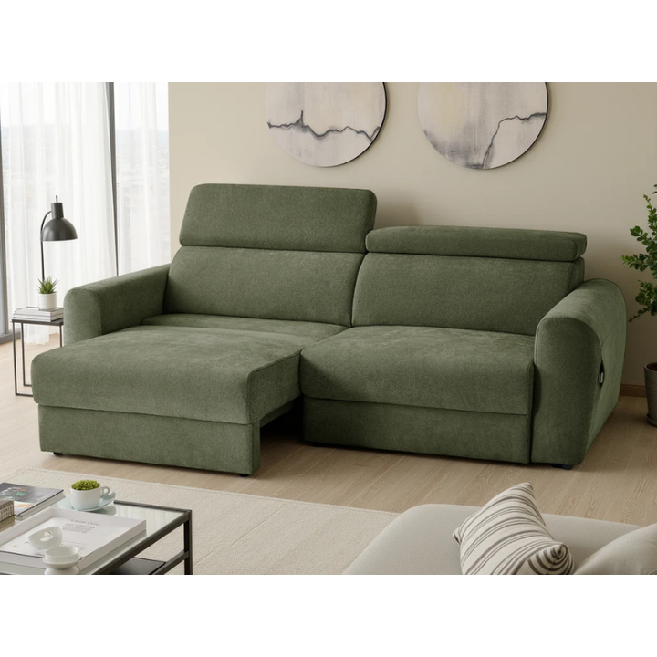 Dakota Green Electric Recliner Sofa Bed 3 Seater – Fabric Pull Out Bed with Adjustable Headrests