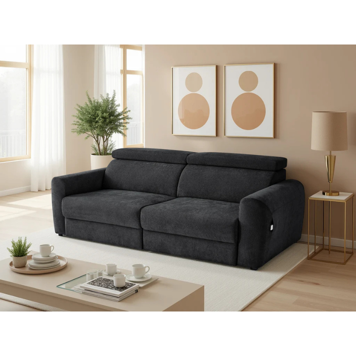 Dakota Black Electric Recliner Sofa Bed 3 Seater – Fabric Pull Out Bed with Adjustable Headrests