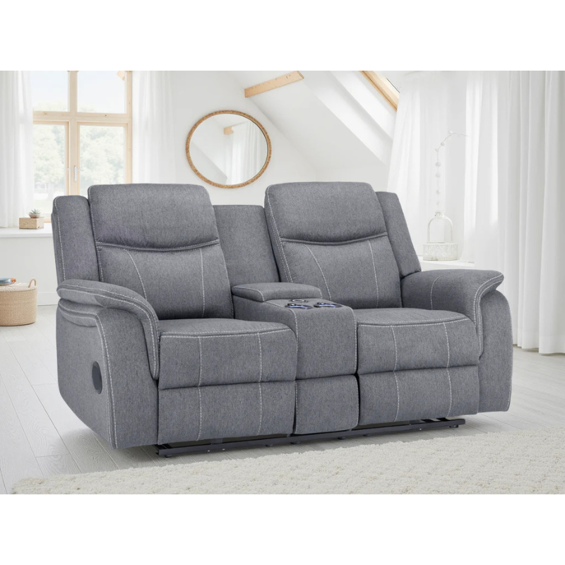 Galaxy Tech Grey Electric Recliner Sofa 2 Seater – Fabric Reclining Sofa with USB, Cup Holders & Storage