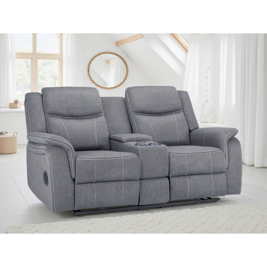 Galaxy Tech Grey Electric Recliner Sofa 2 Seater – Fabric Reclining Sofa with USB, Cup Holders & Storage