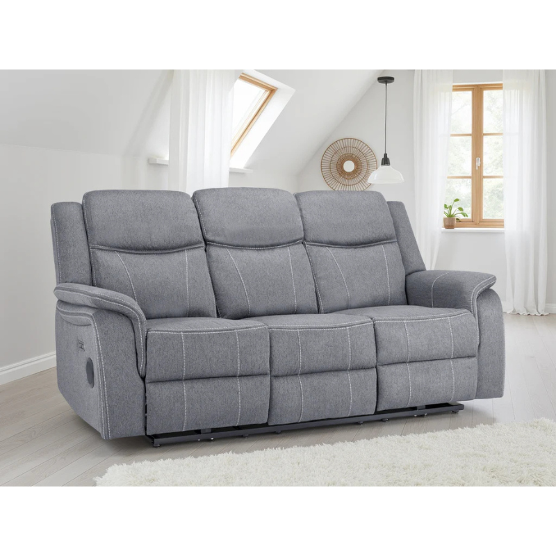 Galaxy Tech Grey Electric Recliner Sofa 3 Seater – Fabric Reclining Sofa with USB, Cup Holders & Storage