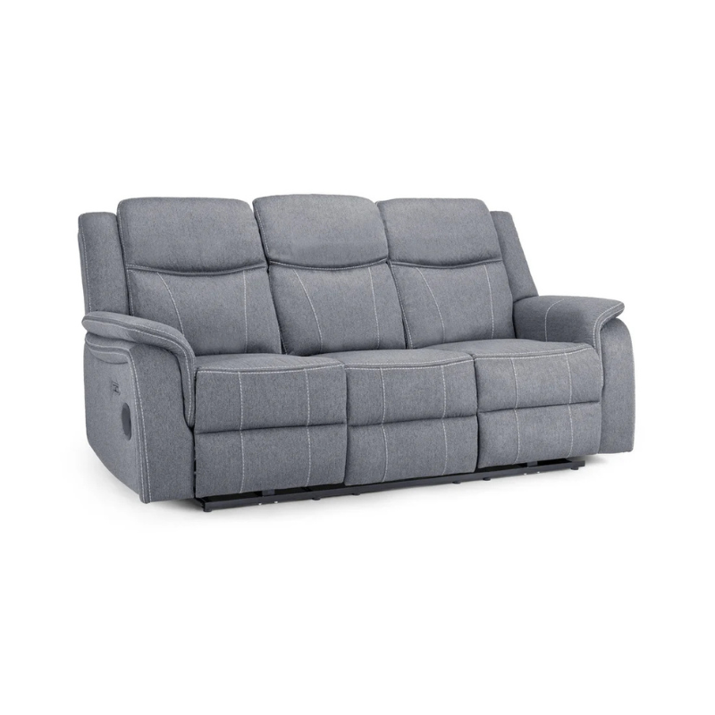 Galaxy Tech Grey Electric Recliner Sofa 3 Seater – Fabric Reclining Sofa with USB, Cup Holders & Storage
