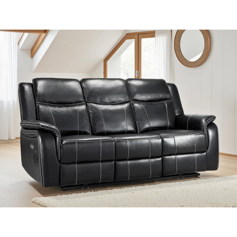 Galaxy Tech Black Leather Electric Recliner Sofa 3 Seater – Reclining Sofa with USB, Cup Holders & Storage