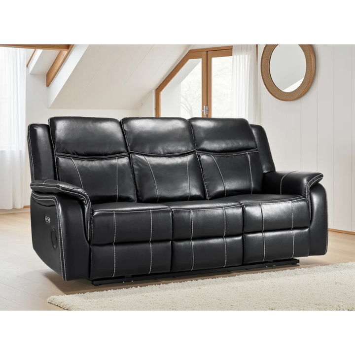 Galaxy Tech Black Leather Electric Recliner Sofa 3 Seater – Reclining Sofa with USB, Cup Holders & Storage