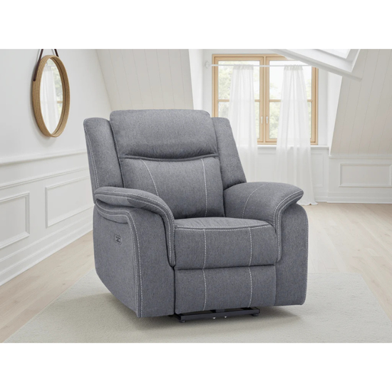 Galaxy Tech Grey Electric Recliner Armchair – Fabric Reclining Chair with USB, Cup Holders & Storage